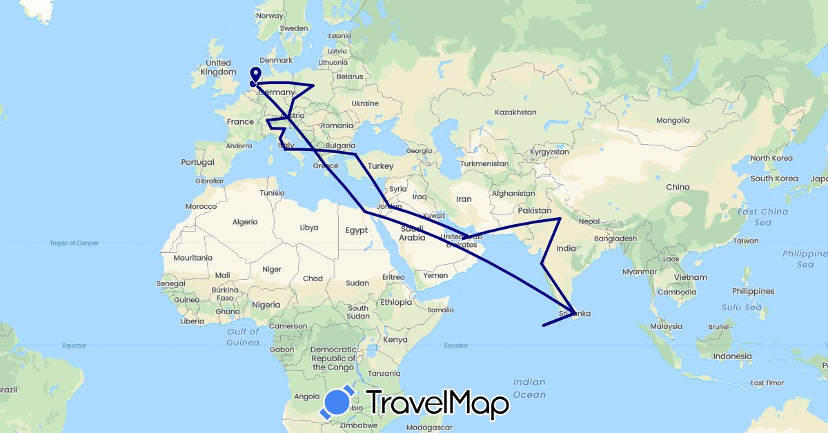 TravelMap itinerary: driving in United Arab Emirates, Austria, Switzerland, Czech Republic, Germany, Egypt, Greece, India, Italy, Jordan, Sri Lanka, Maldives, Netherlands, Poland, Turkey (Africa, Asia, Europe)